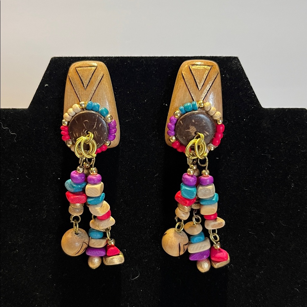 Dangle pierced earrings - wooden bead, fun colors